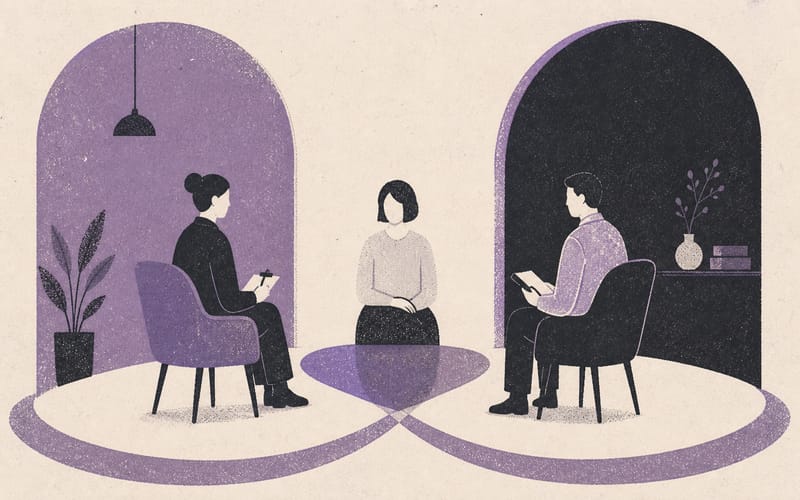 Two professional roles overlapping around one client while consultation and role boundaries sit outside the overlap, Risograph editorial illustration in deep charcoal, warm cream and dusty violet, faceless minimal figures and intersecting pathways, heavy negative space, visible ink grain, no text, no logos