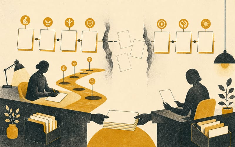 A sequence of clinical decisions becoming visible through clear records while missing pages create gaps in continuity, Risograph editorial illustration in deep charcoal, warm cream and amber, abstract files and faceless practitioners, spacious zine-print composition, visible misregistration, no legible writing, no logos