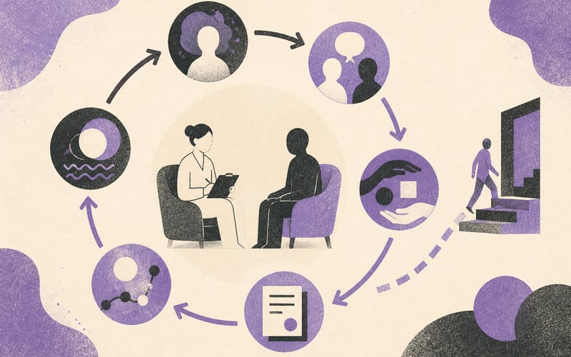 A complete safety system connecting risk recognition, independent advice, proportional safeguards, documentation, monitoring and escalation, Risograph editorial illustration in deep charcoal, warm cream and dusty violet, circular sequence of abstract protective forms around a faceless psychologist and client, generous negative space, no text, no logos