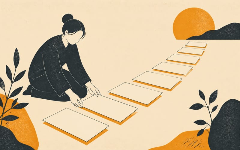 A calm psychology graduate arranging eight practical next-step cards into a forward path, Risograph editorial illustration in deep charcoal, warm cream and amber, faceless minimal figure, cards contain no writing, strong negative space, no text, no logos