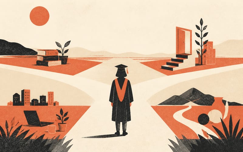 A psychology graduate at a crossroads choosing among reapplying, another approved pathway, relevant work and a different career direction, Risograph editorial illustration in deep charcoal, warm cream and terracotta, faceless figure, open horizon, no text, no logos