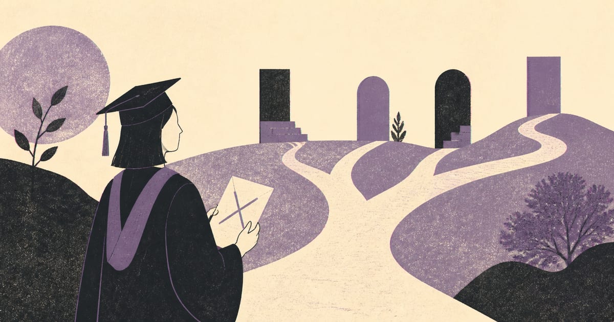 A psychology graduate holding a rejection letter while several possible training pathways open ahead, Risograph editorial illustration in deep charcoal, warm cream and dusty violet, faceless minimal figure, generous negative space, visible ink grain and slight misregistration, no text, no logos