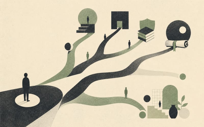 A branching psychology training map separating third-year, fourth-year, MPP, higher-degree and alternative career decisions, Risograph editorial illustration in deep charcoal, warm cream and sage green, abstract paths and faceless figures, heavy negative space, no text, no logos
