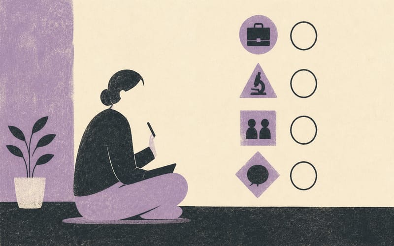 A psychology applicant reviewing one weak point at a time across experience, research, referees and interview preparation, Risograph editorial illustration in charcoal, cream and dusty violet, simple checklist-like shapes without words, faceless figure, no text, no logos
