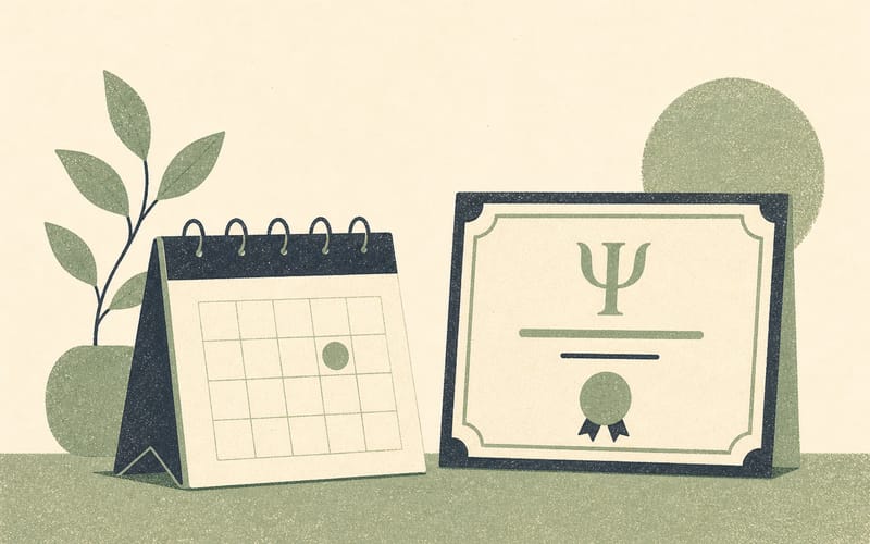 A calendar beside an intact psychology qualification, showing recency review rather than an expiring degree, Risograph editorial illustration in deep charcoal, warm cream and sage green, minimal symbolic composition, no numerals, no text, no logos