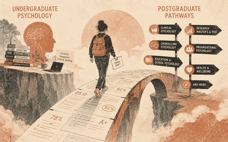 A narrow bridge made of thesis pages and numbered marks connecting undergraduate psychology to postgraduate pathways, abstract Risograph illustration in terracotta and charcoal on warm cream