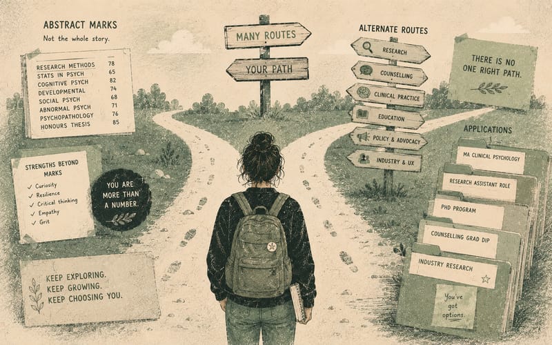 A student standing at a forked path labelled by abstract marks, alternate routes, and application folders, Risograph editorial illustration in sage green and charcoal on warm cream
