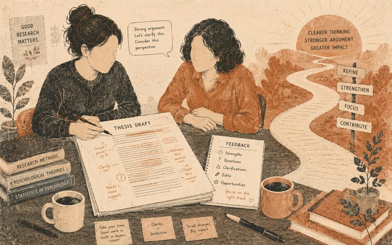 Two faceless figures at a table reviewing a thesis draft, with feedback marks turning into a clear path forward, Risograph illustration in terracotta and charcoal on warm cream
