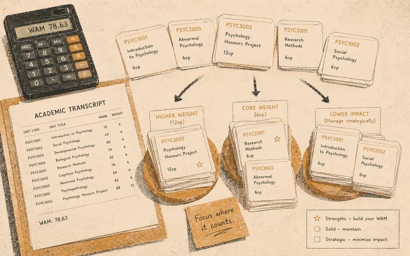 A calculator, transcript, and psychology unit cards being sorted into different weighted piles, abstract Risograph illustration in amber and charcoal on warm cream