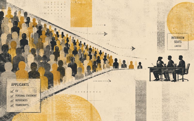 Crowded pool of applicant shapes narrowing toward a small group of interview seats, abstract and editorial, Risograph illustration in amber and charcoal on warm cream