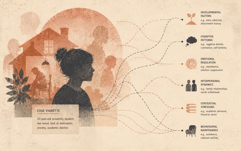 Applicant studying a course map with pathways branching toward research, placement, and modality themes, abstract and minimal, Risograph illustration in dusty violet and charcoal on warm cream