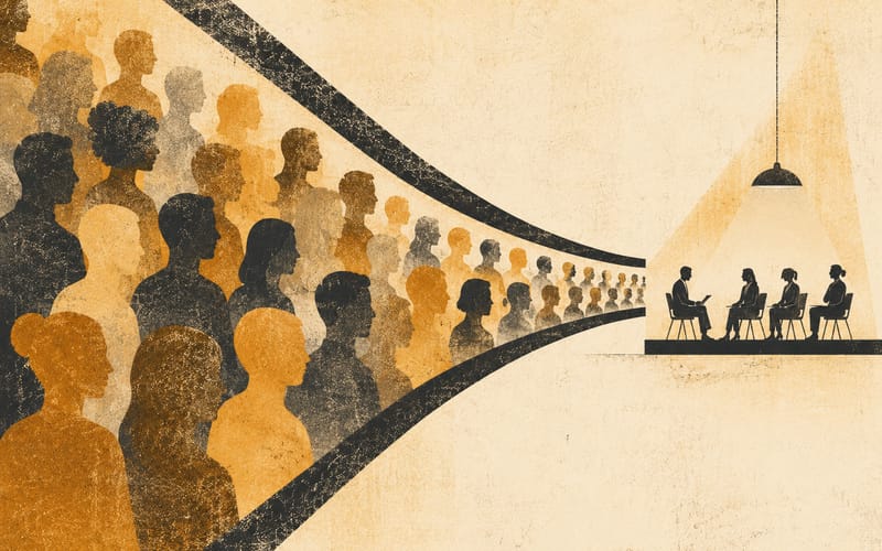 Panel of abstract interviewers across a table from a single applicant, with a second floating case-vignette card beside them, Risograph editorial illustration in sage green and charcoal on warm cream
