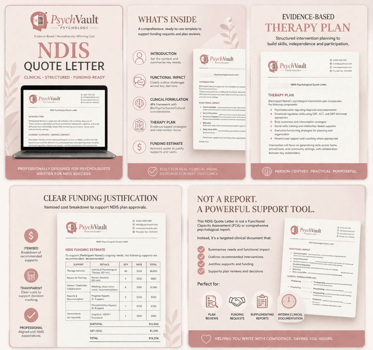 Multiple pages of a polished psychology resource PDF spread out, showing clean clinical design and structured layout