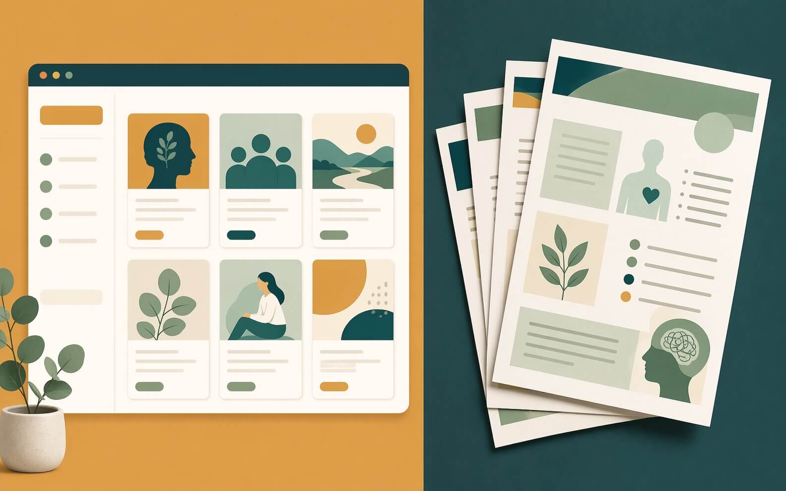 Illustration of a psychology resources marketplace alongside printed clinical handouts