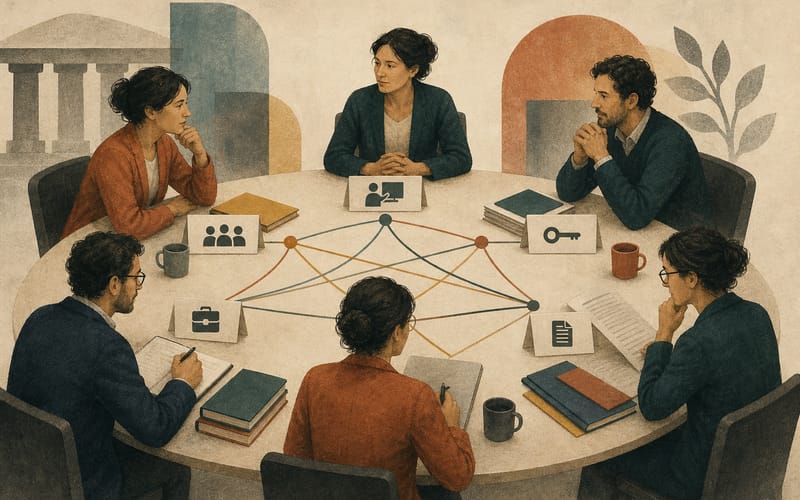 An abstract psychology training governance table, with the same small group of professionals connected across multiple role positions