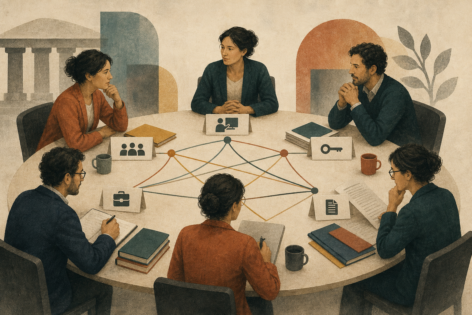 An abstract psychology training governance table, with the same small group of professionals connected across multiple role positions