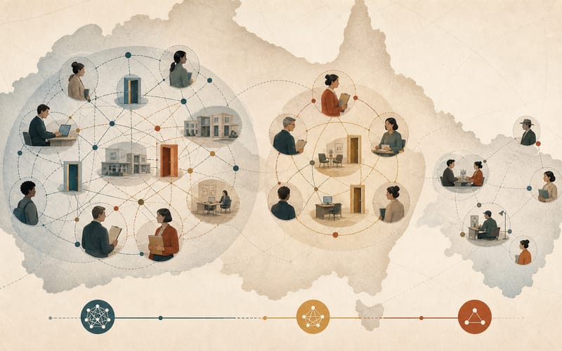 An abstract map-like illustration of Australian training networks, showing larger dispersed networks and smaller tighter clusters