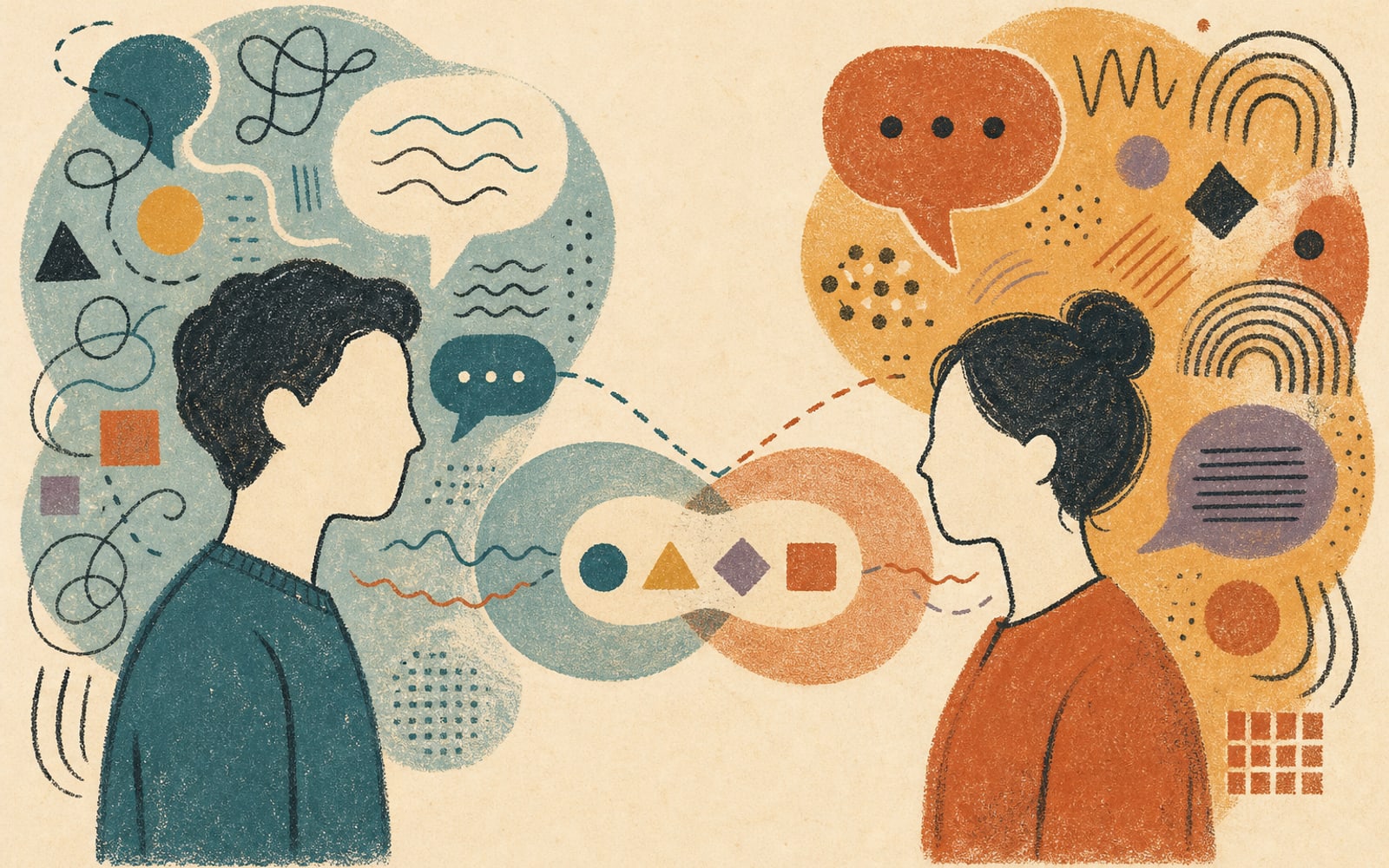 The double empathy problem — illustration of two figures facing each other with mismatched speech bubbles showing different patterns and symbols, against PsychVault's flat-illustration style.