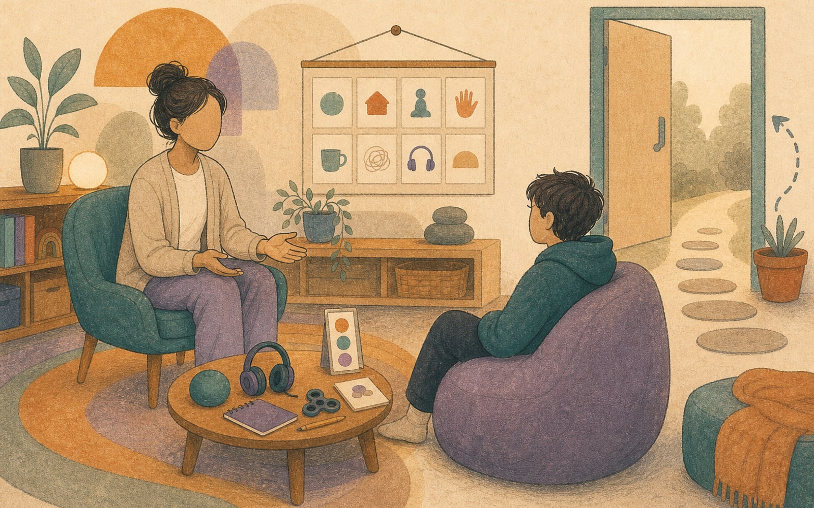 Low-demand communication — illustration of a calm exchange between two figures using shorter, indirect speech bubbles and visual supports, against PsychVault's cream and teal palette.