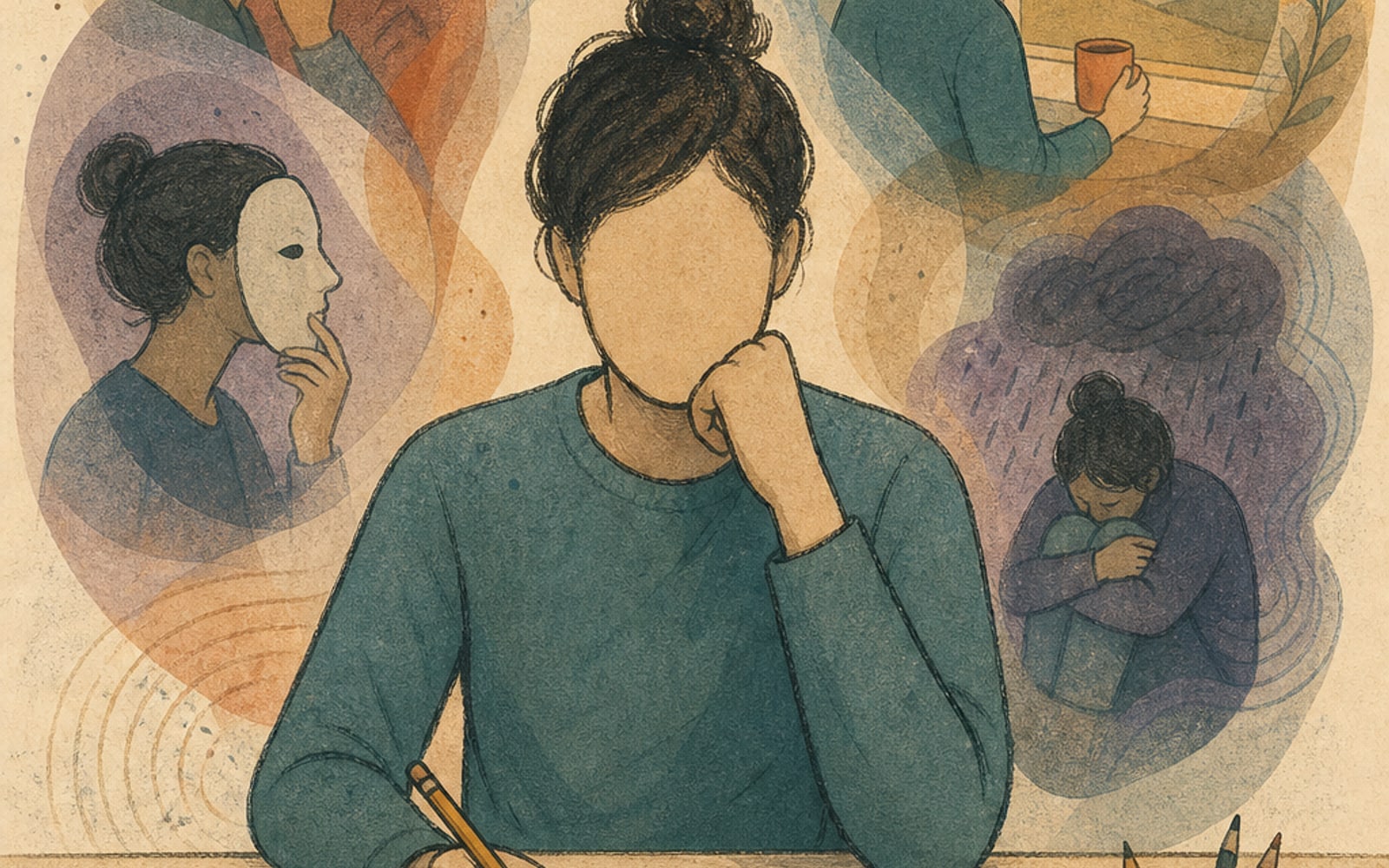 Psychometric testing and the inner/outer gap — illustration of a figure standing in front of a test paper, with their inner experience shown as a separate hidden layer behind them.