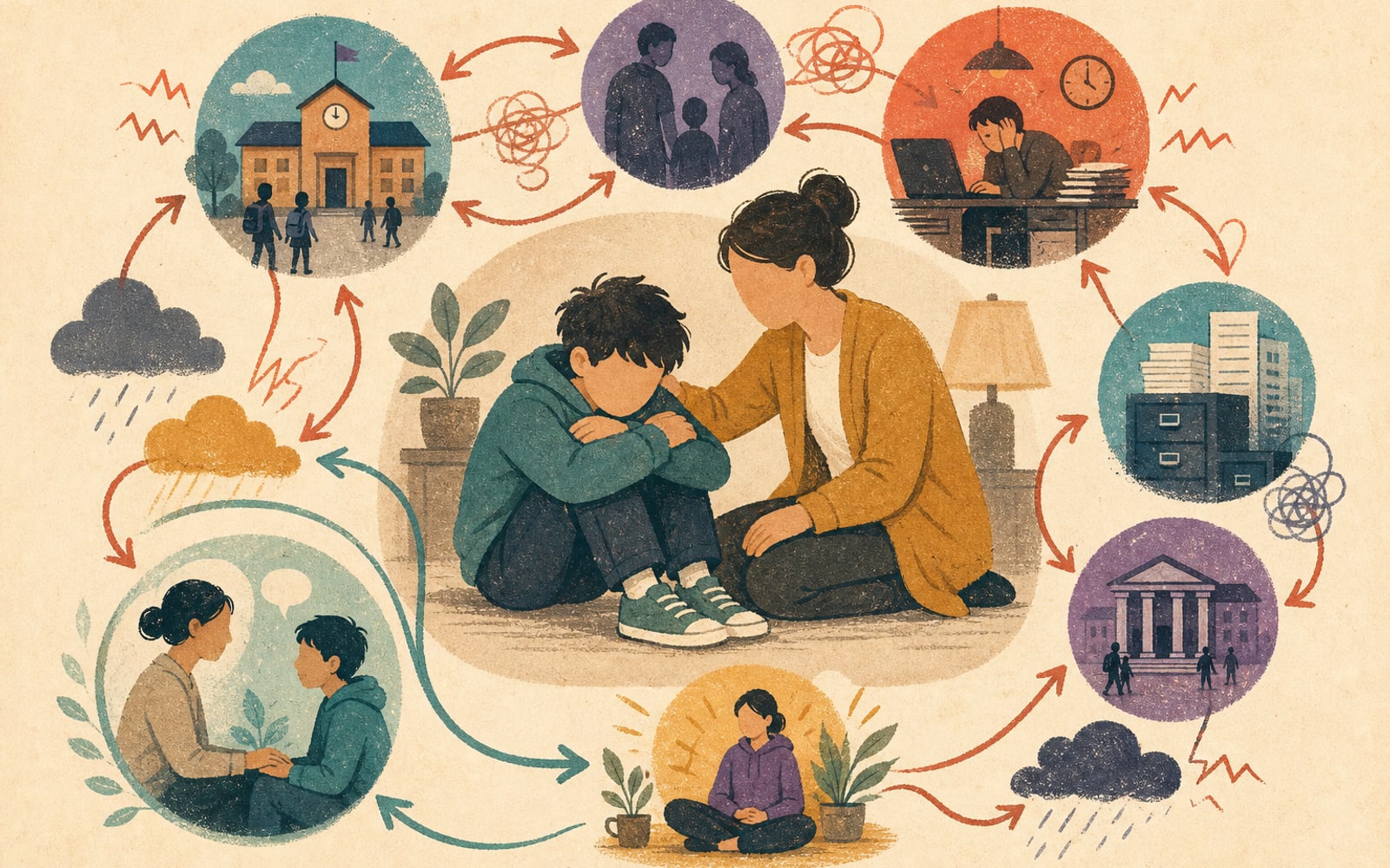 Systemic stress and family escalation loops — illustration of multiple figures and arrows forming a feedback loop, with school, family, and work pressures cycling and intensifying.