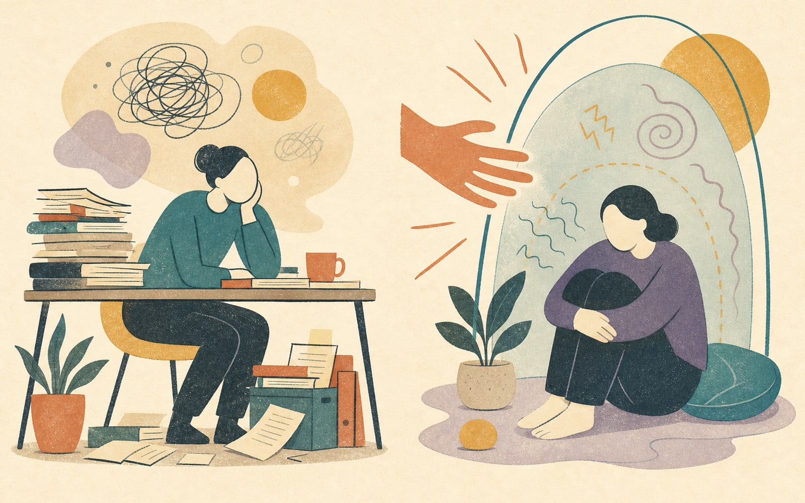 PDA vs general demand avoidance — a flat illustration comparing two figures, one labelled with everyday avoidance and the other with anxiety-driven PDA avoidance, against a cream background with PsychVault's teal and ochre palette.