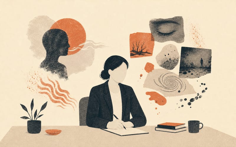 A clinician holding steady at a desk while layered body signals and memory fragments move around them.
