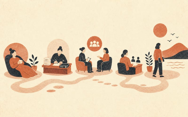 A staged return-to-work pathway moving from rest and admin to supported client work and sustainable practice.