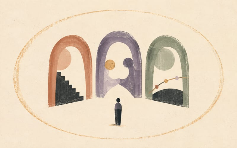 A small faceless figure below three large abstract arches, with one thin protective ring around the arrangement to suggest objective justification, consultation and monitoring, sparse abstract Risograph style, warm cream paper, charcoal, sage, violet and amber, no text, no logos