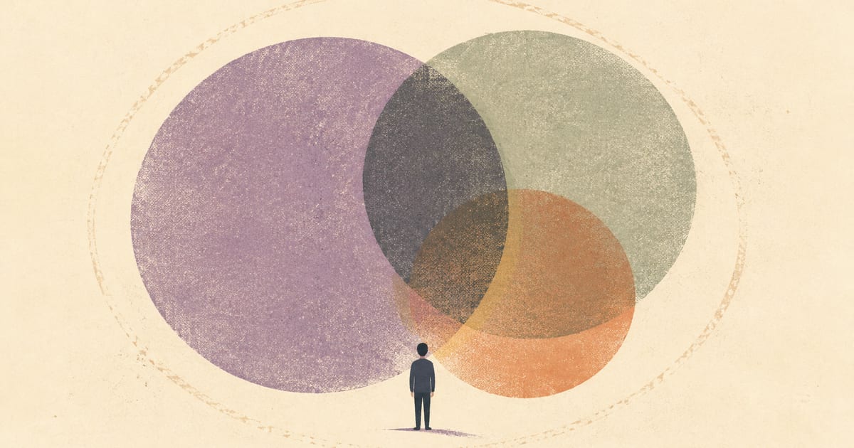 A small practitioner standing between overlapping circles that represent roles beginning to collapse into each other, sparse abstract Risograph print on warm cream paper, deep charcoal figure, dusty violet and muted sage circles, restrained terracotta accent, heavy negative space, visible halftone grain, no text, no logos