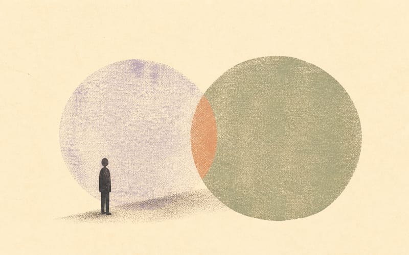 A tiny faceless practitioner standing near two overlapping textured circles, one faded behind the other to suggest a previous role still shaping the present, abstract Risograph print, warm cream paper, charcoal, dusty violet, muted sage, terracotta shadow, no text, no logos