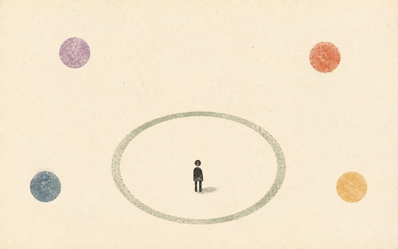 A tiny faceless person standing inside a clear protective ring while several larger circles sit outside it, suggesting information boundaries, independent consultation, separate decisions and review triggers, sparse abstract Risograph print, warm cream paper, charcoal, sage, dusty violet and amber, no text, no logos