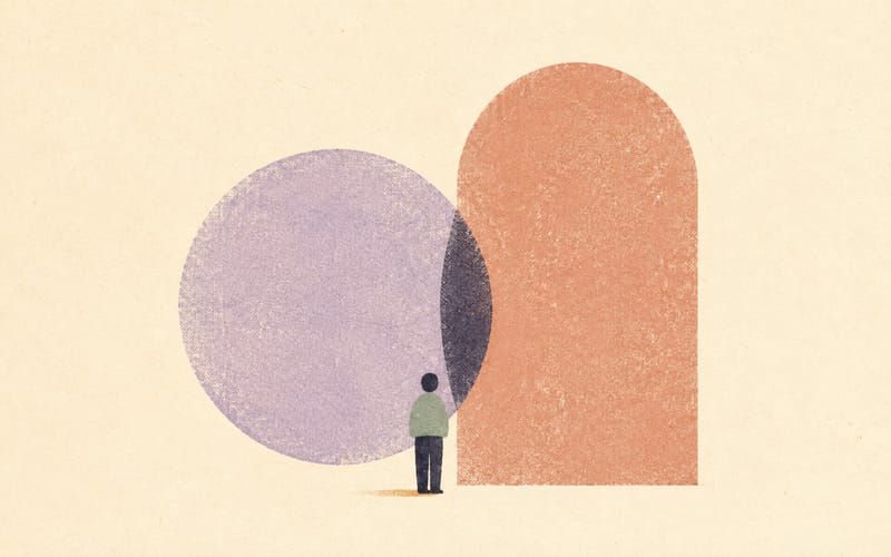 A tiny provisional psychologist standing between a large circle behind them and a taller arch ahead, suggesting a former supervisory role becoming an employment role, sparse abstract Risograph style, warm cream paper, charcoal, terracotta, violet and sage, no text, no logos