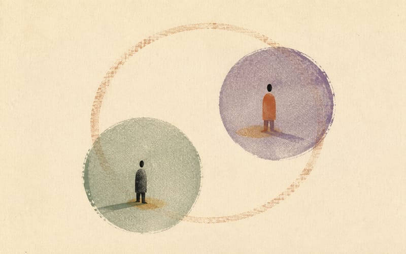 Two tiny faceless figures standing in separate textured circles while a faint outer ring overlaps both, suggesting therapy and workplace supervision becoming too close, sparse abstract Risograph print, warm cream paper, deep charcoal, dusty violet, muted sage, no text, no logos