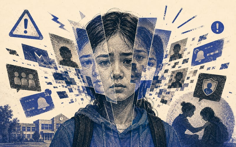 Student portrait splintered into fake-image layers, panic signals, and school-notification fragments, Risograph editorial illustration in indigo and charcoal on warm cream, 16:10 landscape