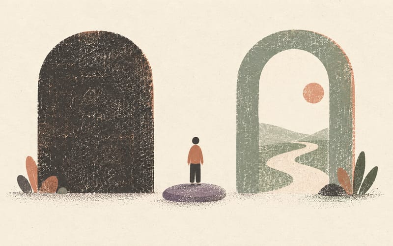 A person choosing between a closed boundary and an accessible open pathway