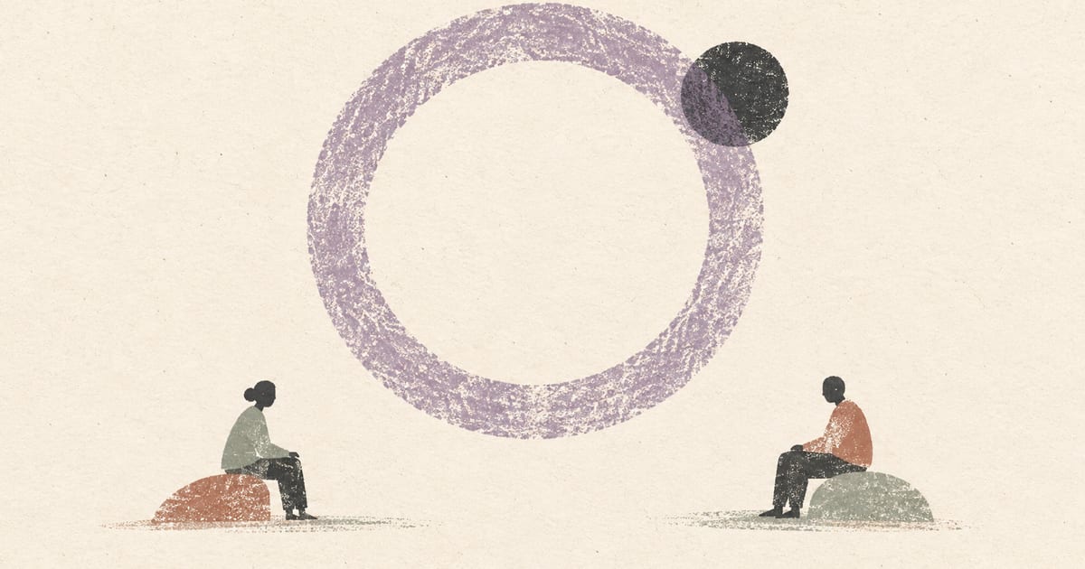 Two people meeting beneath an abstract ring that represents privacy and informed consent