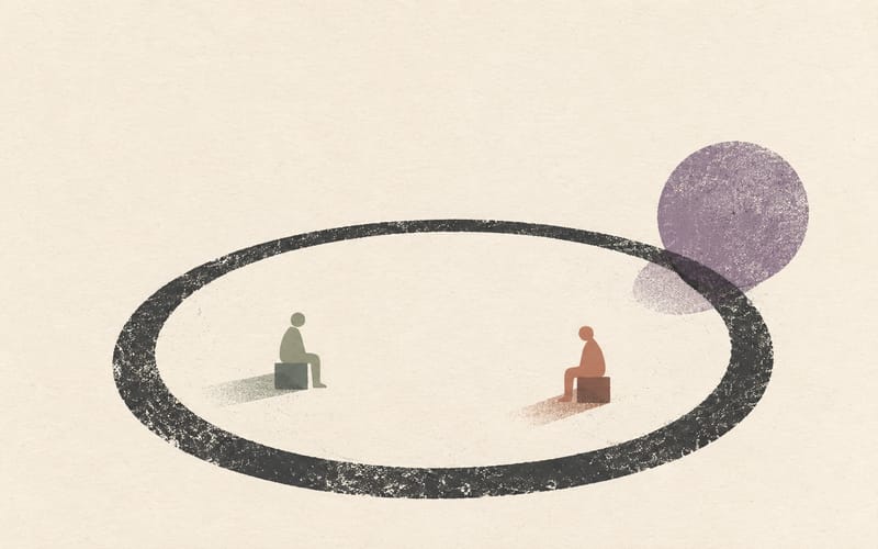 Two people inside a protected circle while an outside form crosses its boundary