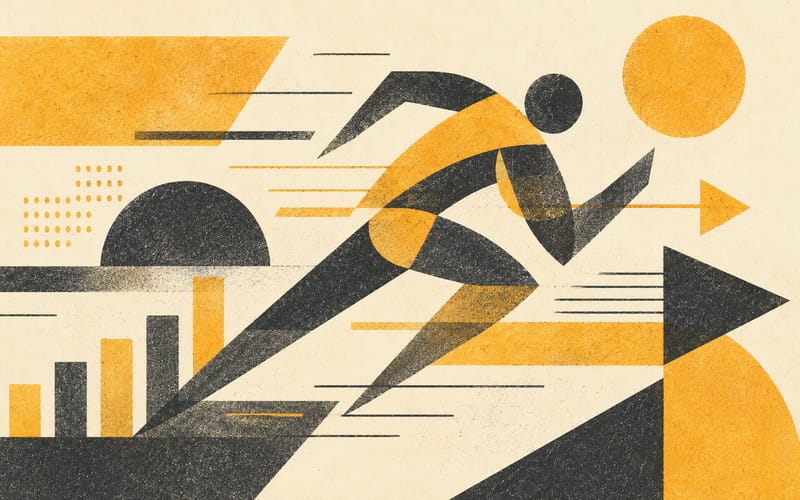 Abstract geometric forms in motion — performance and momentum represented flatly, Risograph amber and charcoal on cream