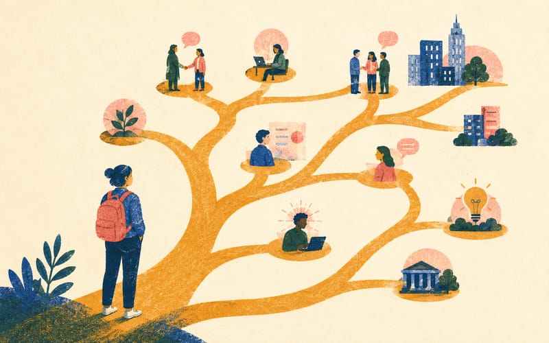 Branching amber path structure suggesting career network building, Risograph on cream