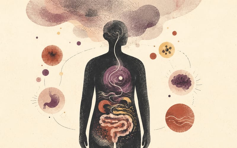 Stress physiology illustration connecting cortisol signalling with gastrointestinal response
