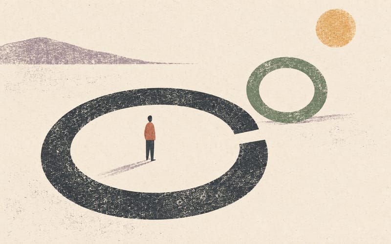 One tiny figure standing within a large charcoal ring while a few smaller circles define a clear boundary