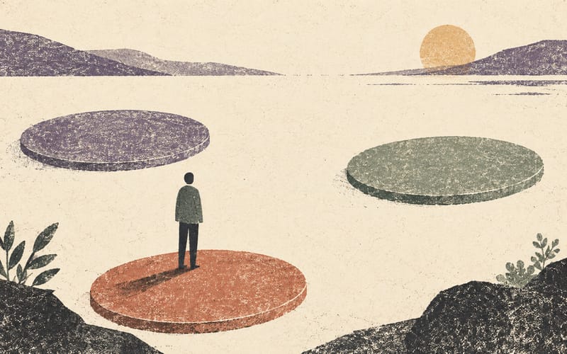 A tiny figure choosing between three widely spaced stepping-stone paths on cream paper