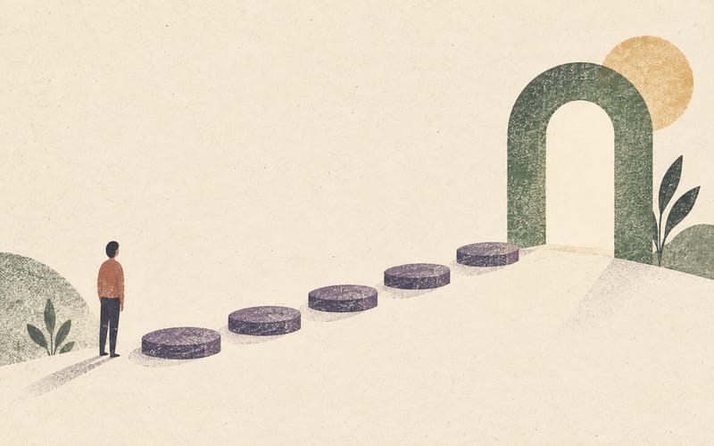 A tiny figure approaching an open arch built from five small shapes and one larger shape