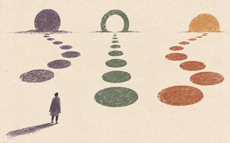 Several distinct paths of textured circles leading away from one tiny figure