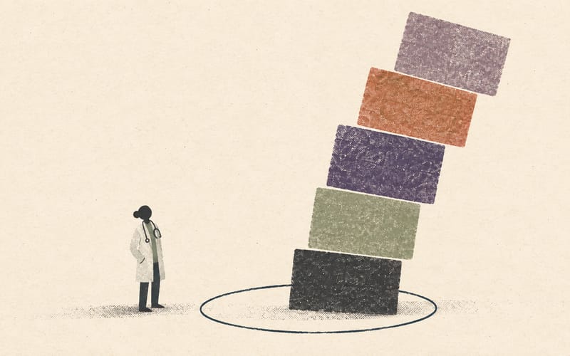 A small figure beside a rising stack of offset abstract blocks that lean beyond an open boundary
