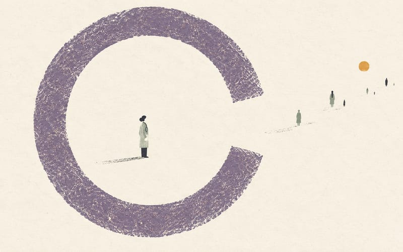 A large incomplete circle surrounding a small figure, with a generous open gap left in the ring