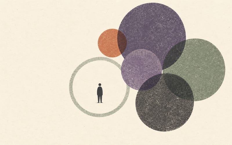 Several textured circles gathering around one small central figure, suggesting multiple demands accumulating at once