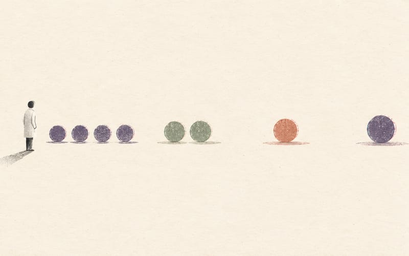 A small figure facing a sequence of large and small stepping-stone circles spaced at different intervals