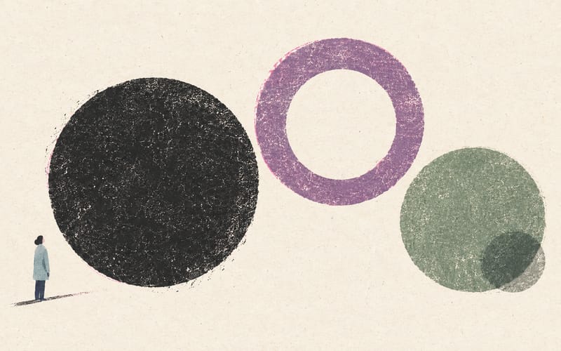A tiny clinician beside three large textured circles of different weights, representing active clients, expected contacts and indirect work